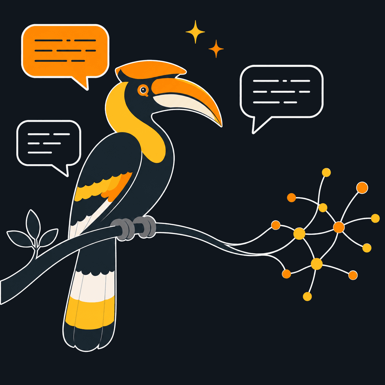 A great hornbill perched on a branch that flows into a neural network, surrounded by speech bubbles