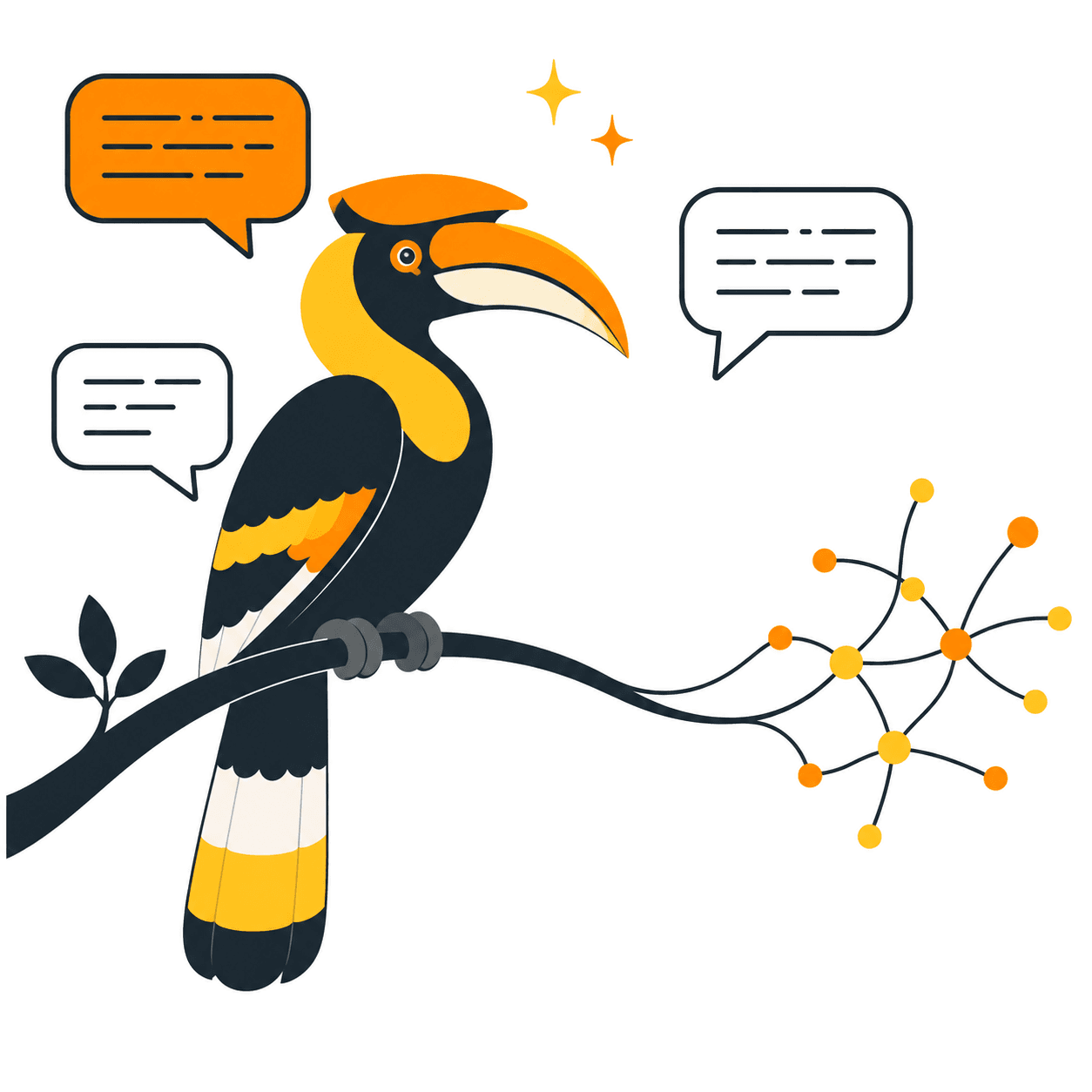 A great hornbill perched on a branch that flows into a neural network, surrounded by speech bubbles